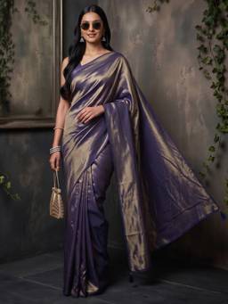 Akhilam - Women's Vichitra Silk Blue Solid Designer Exclusive Saree