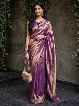 Akhilam - Women's Vichitra Silk Purple Solid Designer Exclusive Saree