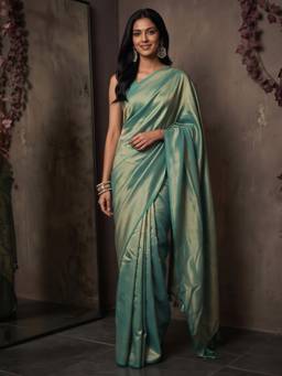 Akhilam - Women's Vichitra Silk Teal green Solid Designer Exclusive Saree
