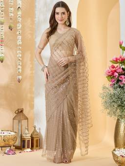 Sareemall - Women's Net Beige Embellished Designer Festive Exclusive Saree