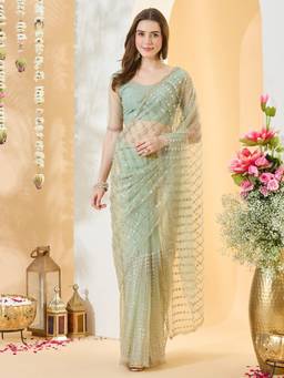 Sareemall - Women's Net Light Green Embellished Designer Festive Exclusive Saree