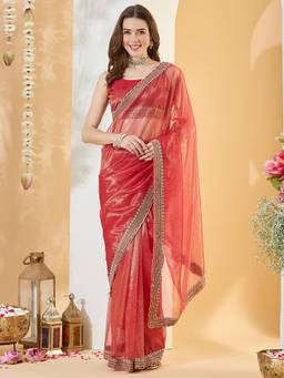 Sareemall - Women's Net Red Zari Embroidered Designer Festive Exclusive Saree