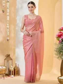 Sareemall - Women's Satin Peach Embellished Designer Festive Exclusive Saree