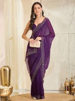 Sareemall - Women's Satin Purple Embellished Designer Festive Exclusive Saree