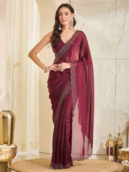 Sareemall - Women's Satin Wine Embellished Designer Festive Exclusive Saree