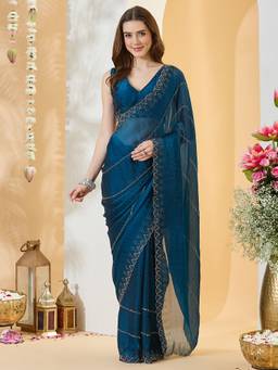 Sareemall - Women's Chiffon Navy Blue Embellished Designer Festive Exclusive Saree
