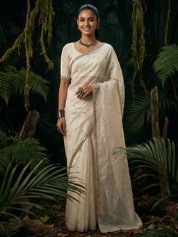 Sareemall - Women's Satin Off White Zari Embroidered Designer Festive Exclusive Saree