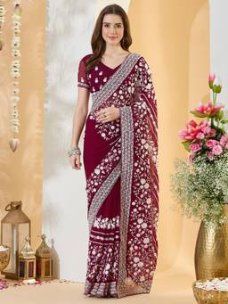 Sareemall - Women's Georgette Wine Embroidered Designer Festive Exclusive Saree