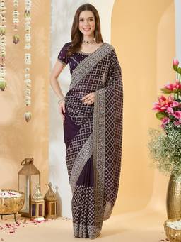 Sareemall - Women's Satin Purple Zari Embroidered Designer Festive Exclusive Saree