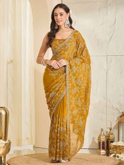 Sareemall - Women's Tissue Mustard Zari Embroidered Designer Festive Exclusive Saree
