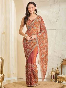Sareemall - Women's Tissue Orange Zari Embroidered Designer Festive Exclusive Saree