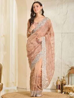 Sareemall - Women's Organza Rose Gold Zari Embroidered Festive Exclusive Saree