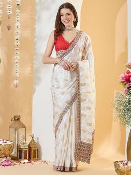 Sareemall - Women's Viscose Silk White Zari Embroidered Festive Exclusive Saree