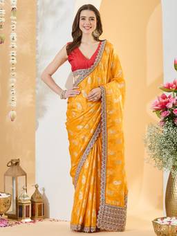 Sareemall - Women's Viscose Silk Yellow Zari Embroidered Festive Exclusive Saree