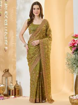 Sareemall - Women's Satin Olive Zari Embroidered Designer Festive Exclusive Saree