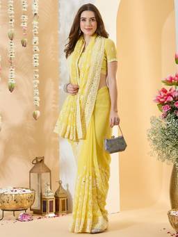 Sareemall - Women's Georgette Yellow Zari Embroidered Festive Exclusive Saree