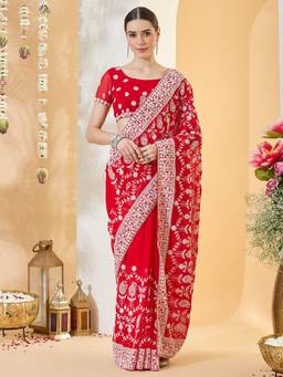 Sareemall - Women's Georgette Red Zari Embroidered Designer Festive Exclusive Saree