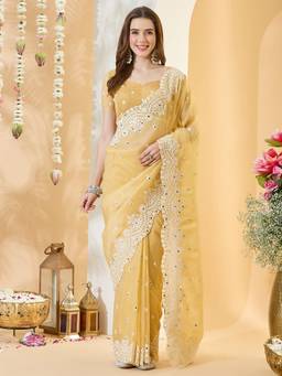 Sareemall - Women's Organza Yellow Embroidered Designer Festive Exclusive Saree
