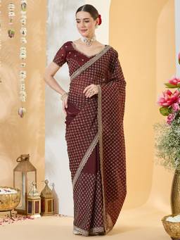 Sareemall - Women's Satin Maroon Embroidered Designer Festive Exclusive Saree