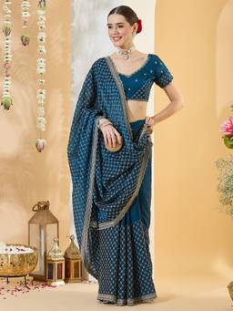 Sareemall - Women's Satin Teal blue Embroidered Designer Festive Exclusive Saree