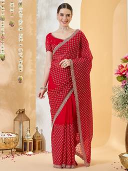 Sareemall - Women's Satin Red Embroidered Designer Festive Exclusive Saree