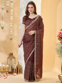 Sareemall - Women's Satin Maroon Zari Embroidered Designer Festive Exclusive Saree