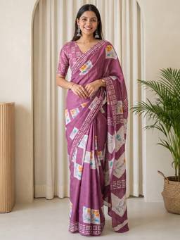 Akhilam - Women's Cotton Magenta Floral Printed Designer Exclusive Saree