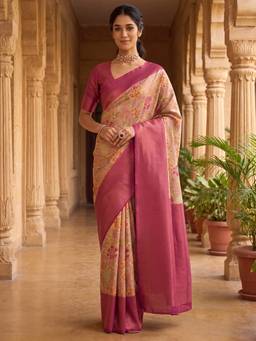 Akhilam - Women's Silk Blend Beige Digital Print Designer Exclusive Saree