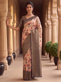 Akhilam - Women's Silk Blend Beige Digital Print Designer Exclusive Saree