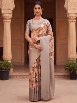 Akhilam - Women's Silk Blend Beige Digital Print Designer Exclusive Saree