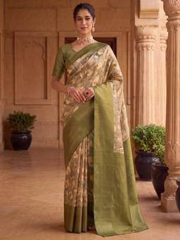 Akhilam - Women's Silk Blend Light Green Digital Print Exclusive Saree