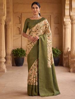 Akhilam - Women's Silk Blend Cream Digital Print Designer Exclusive Saree
