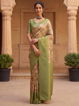 Akhilam - Women's Silk Blend Green Digital Print Designer Exclusive Saree