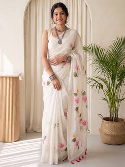 Akhilam - Women's chinnon Off White Floral Printed Designer Exclusive Saree