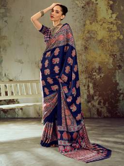 Akhilam - Women's Satin Navy Blue Printed Designer Exclusive Saree
