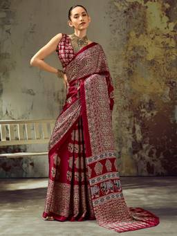 Akhilam - Women's Satin Maroon Printed Designer Exclusive Saree