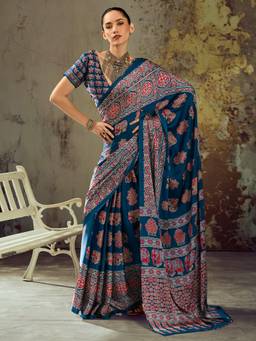 Akhilam - Women's Satin Teal Printed Designer Exclusive Saree