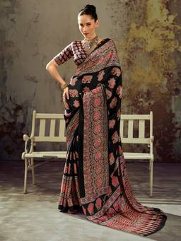 Akhilam - Women's Satin Black Printed Designer Exclusive Saree