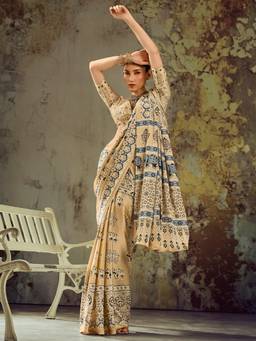 Akhilam - Women's Satin Beige Printed Designer Exclusive Saree