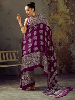 Akhilam - Women's Satin Purple Printed Designer Exclusive Saree