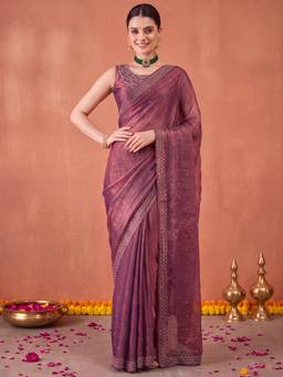 Akhilam - Women's Satin Silk Mauve Embellished Designer Exclusive Saree