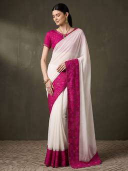 Akhilam - Women's Vichitra Silk White Embellished Designer Festive Exclusive Saree