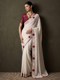 Akhilam - Women's Vichitra Silk Off White Embellished Designer Exclusive Saree