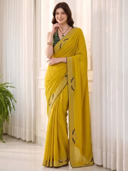 Akhilam - Women's Vichitra Silk Olive Embellished Designer Exclusive Saree