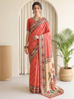 Akhilam - Women's Silk Blend Coral Digital Print Designer Exclusive Saree