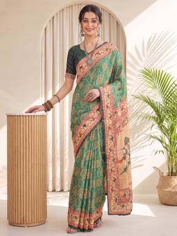 Akhilam - Women's Silk Blend Sea Green Digital Print Designer Exclusive Saree