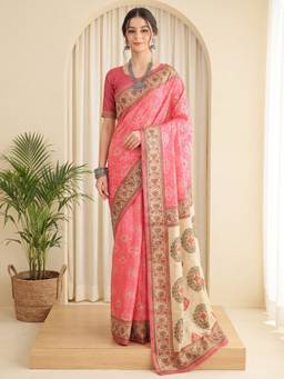 Akhilam - Women's Silk Blend Peach Digital Print Designer Exclusive Saree