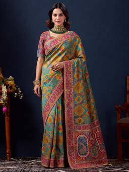 Akhilam - Women's Silk Blend Aqua Blue Embroidered Design Heavy Exclusive Saree
