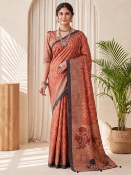 Akhilam - Women's Silk Blend Rust Printed Designer Exclusive Saree