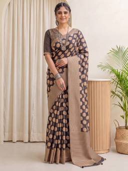 Akhilam - Women's Silk Blend Taupe Printed Designer Exclusive Saree